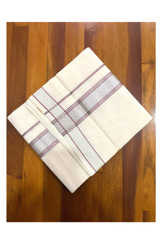 Southloom Premium Handloom Cotton Double Mundu with Maroon Silver Kasavu Design Border (South Indian Dhoti)