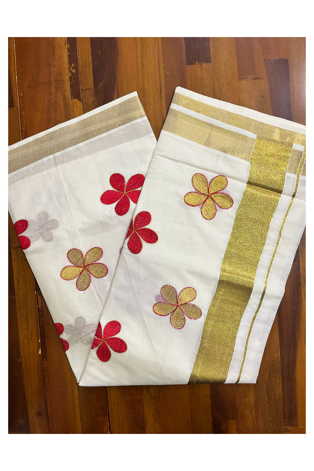 Southloom Cotton Kerala Kasavu Saree with Floral Embroidery Designs (Onam 2024 Collection)