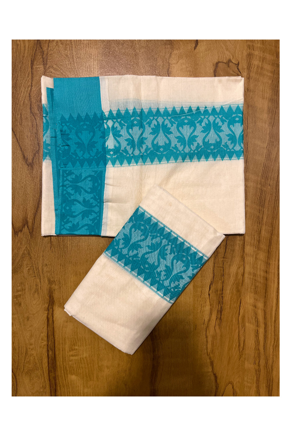 Kerala Cotton Single Set Mundu (Mundum Neriyathum) with Blue Temple Block printed Border