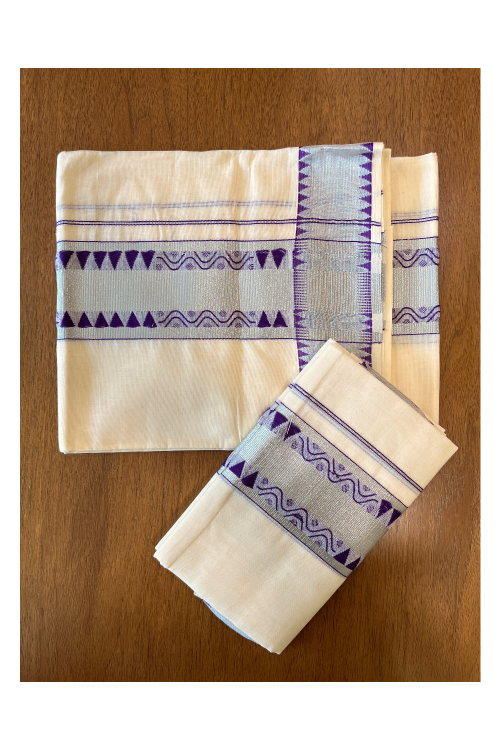 Kerala Cotton Mundum Neriyathum Single (Set Mundu) with Silver and Violet Temple Border