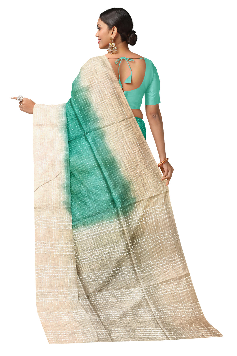 Southloom Semi Organza Check Design Turquoise Saree with Beige Border