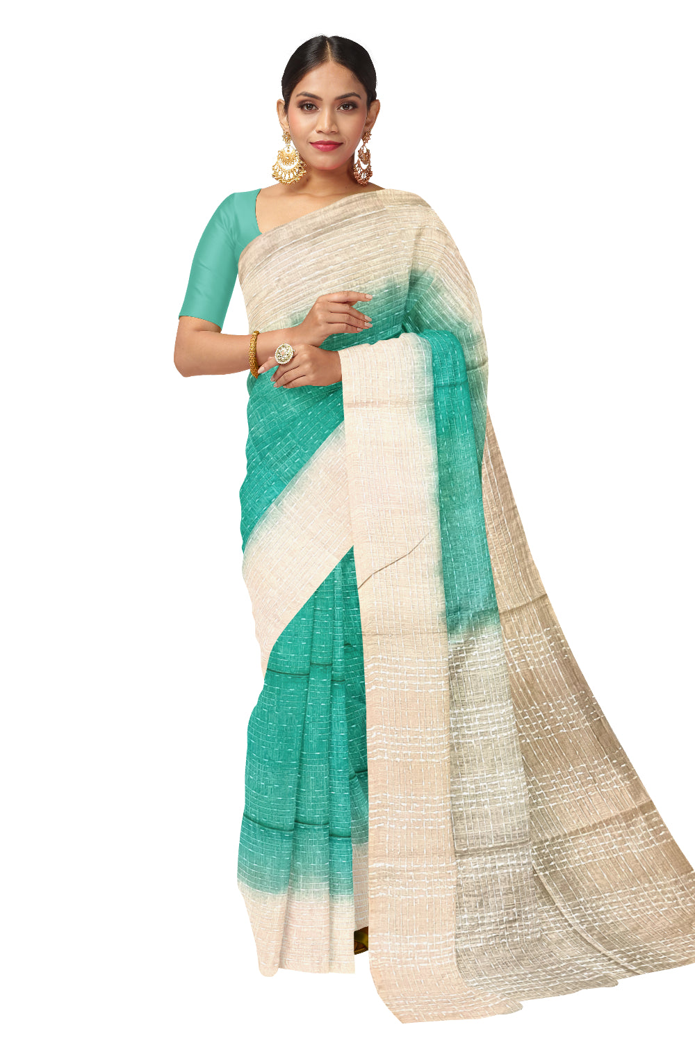 Southloom Semi Organza Check Design Turquoise Saree with Beige Border