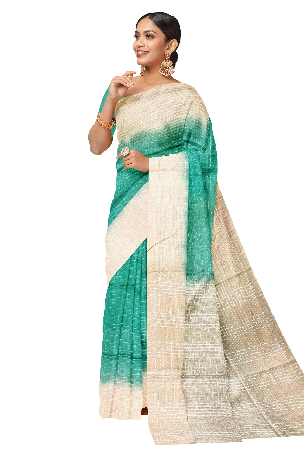 Southloom Semi Organza Check Design Turquoise Saree with Beige Border