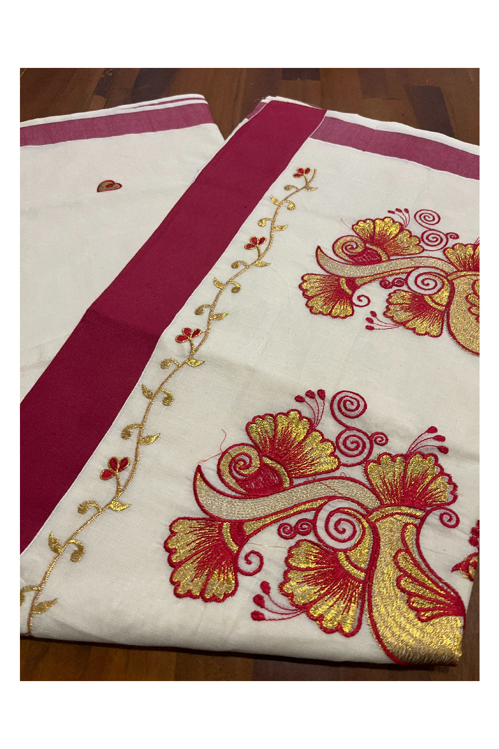 Pure Cotton Kerala Saree with Peacock Floral Embroidery Work and Red Border (Onam Saree 2023)