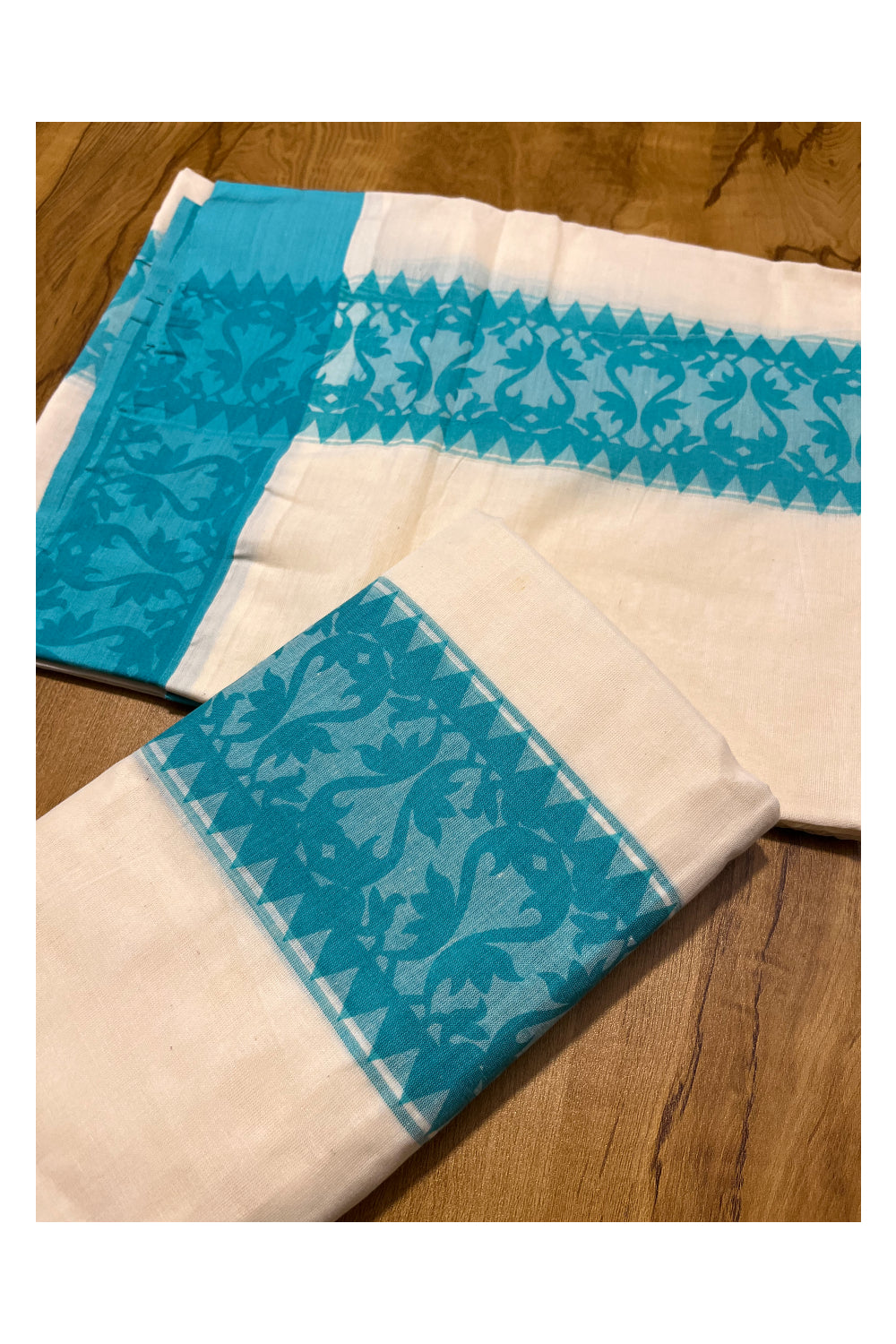 Kerala Cotton Single Set Mundu (Mundum Neriyathum) with Blue Temple Block printed Border