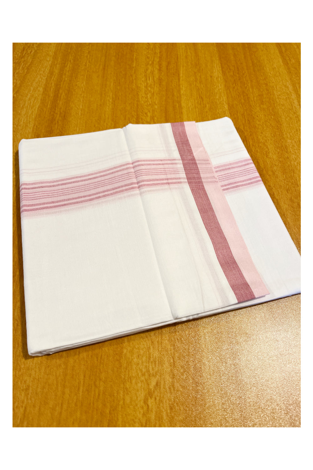 Pure White Cotton Double Mundu with Pink Lines Border (South Indian Dhoti)