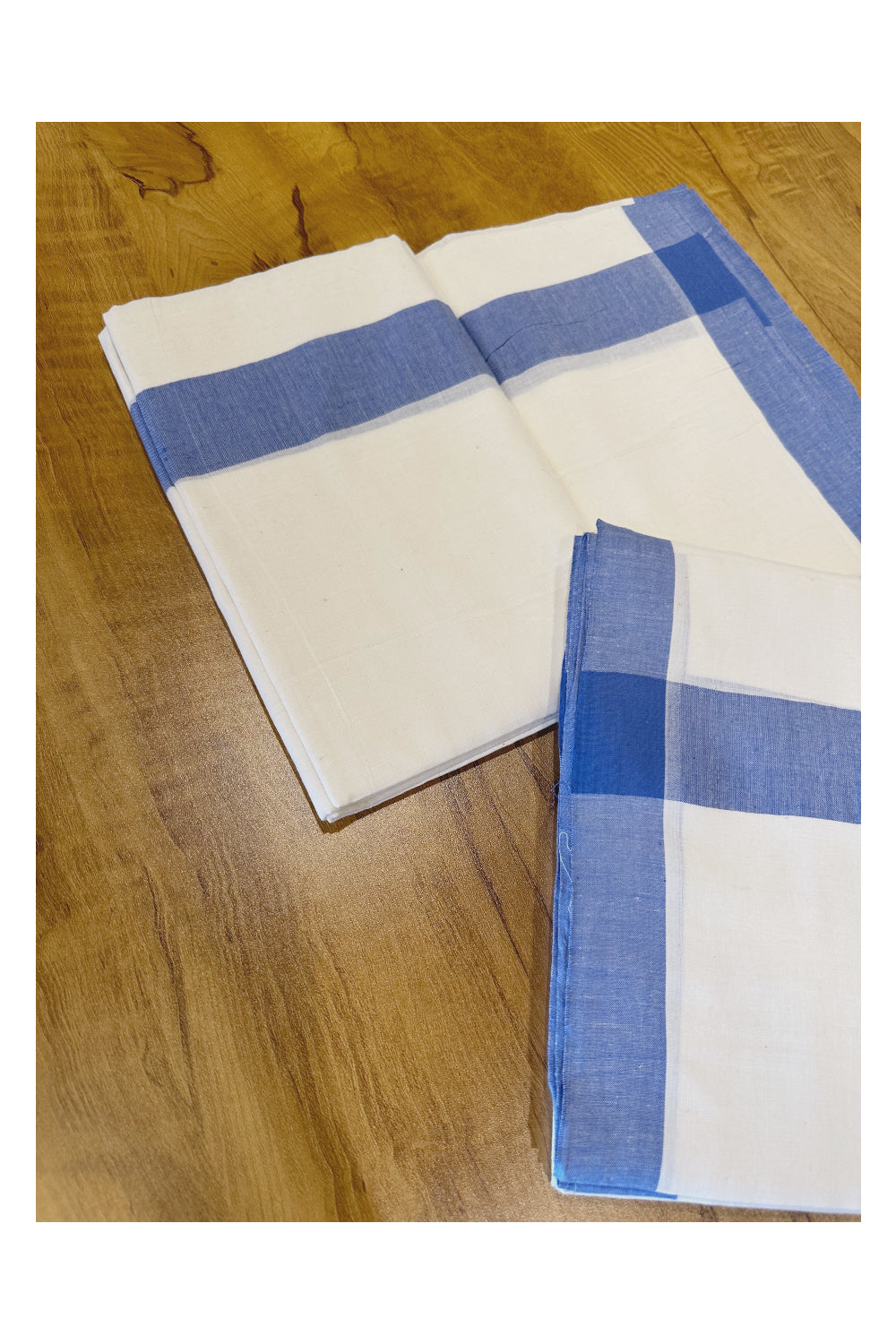 Kerala Soft Cotton Mulloth Mundum Neriyathum Single (Set Mundu) with Blue Border (Onam Set Mundu 2023)