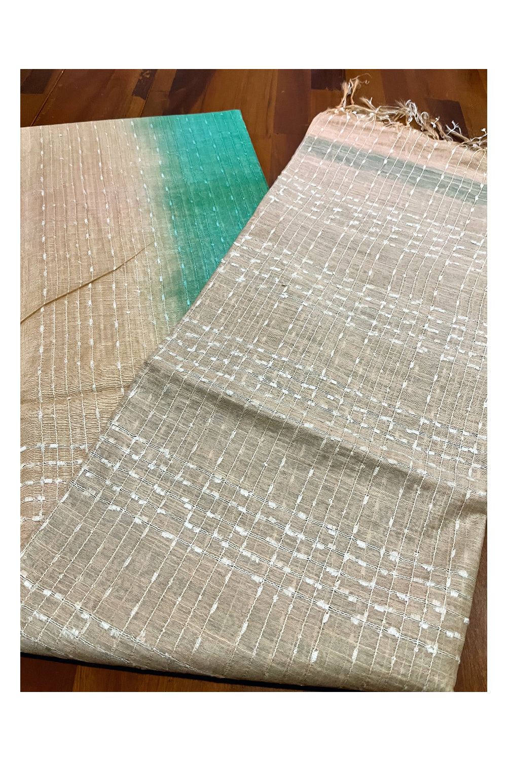 Southloom Semi Organza Check Design Turquoise Saree with Beige Border