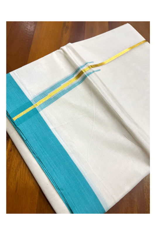 Kerala Pure Cotton Double Mundu with Kasavu Green Chutti Kara (South Indian Kerala Dhoti)