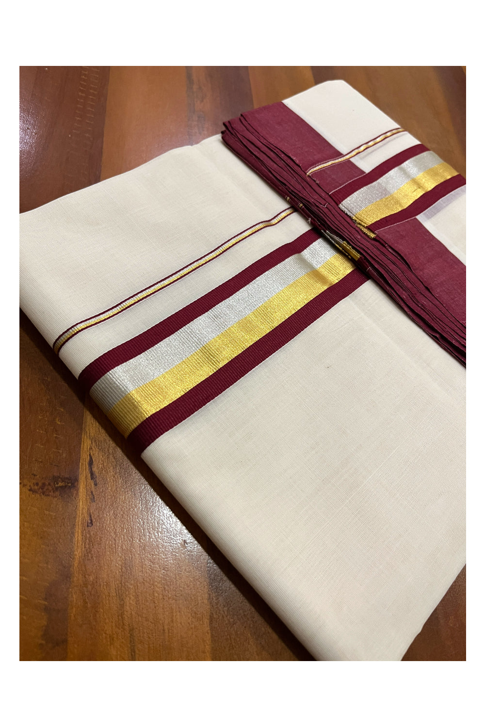 Southloom Premium Balaramapuram Unakkupaavu Handloom Mundu with Maroon Silver and Golden Kasavu Border (South Indian Dhoti)