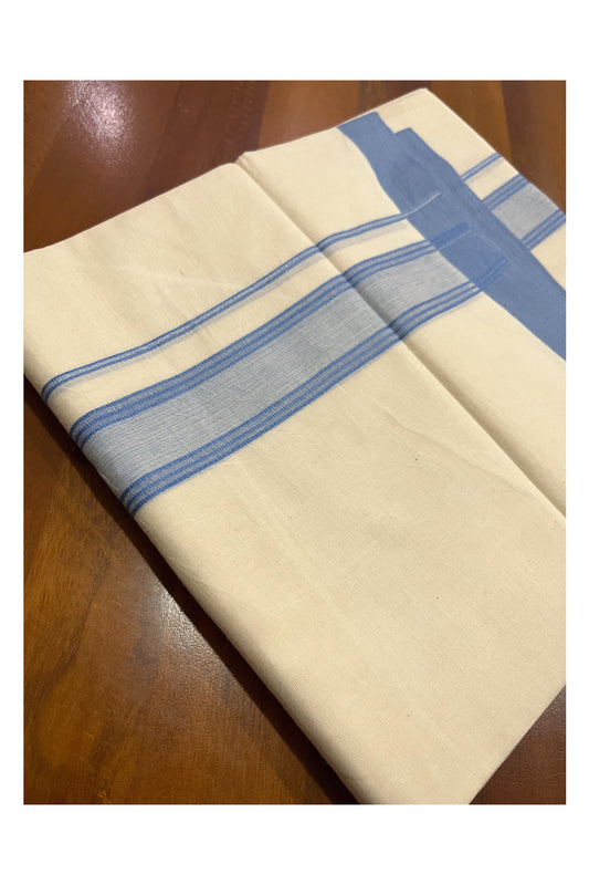 Pure Cotton Kerala Double Mundu with Blue Kara (South Indian Kerala Dhoti)