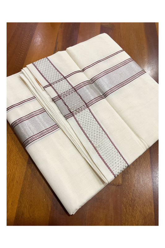 Southloom Premium Handloom Cotton Double Mundu with Maroon Silver Kasavu Design Border (South Indian Dhoti)