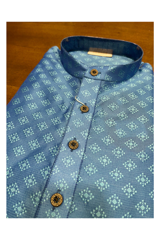 Southloom Blue Woven Patterns Semi Silk Short Kurta for Men