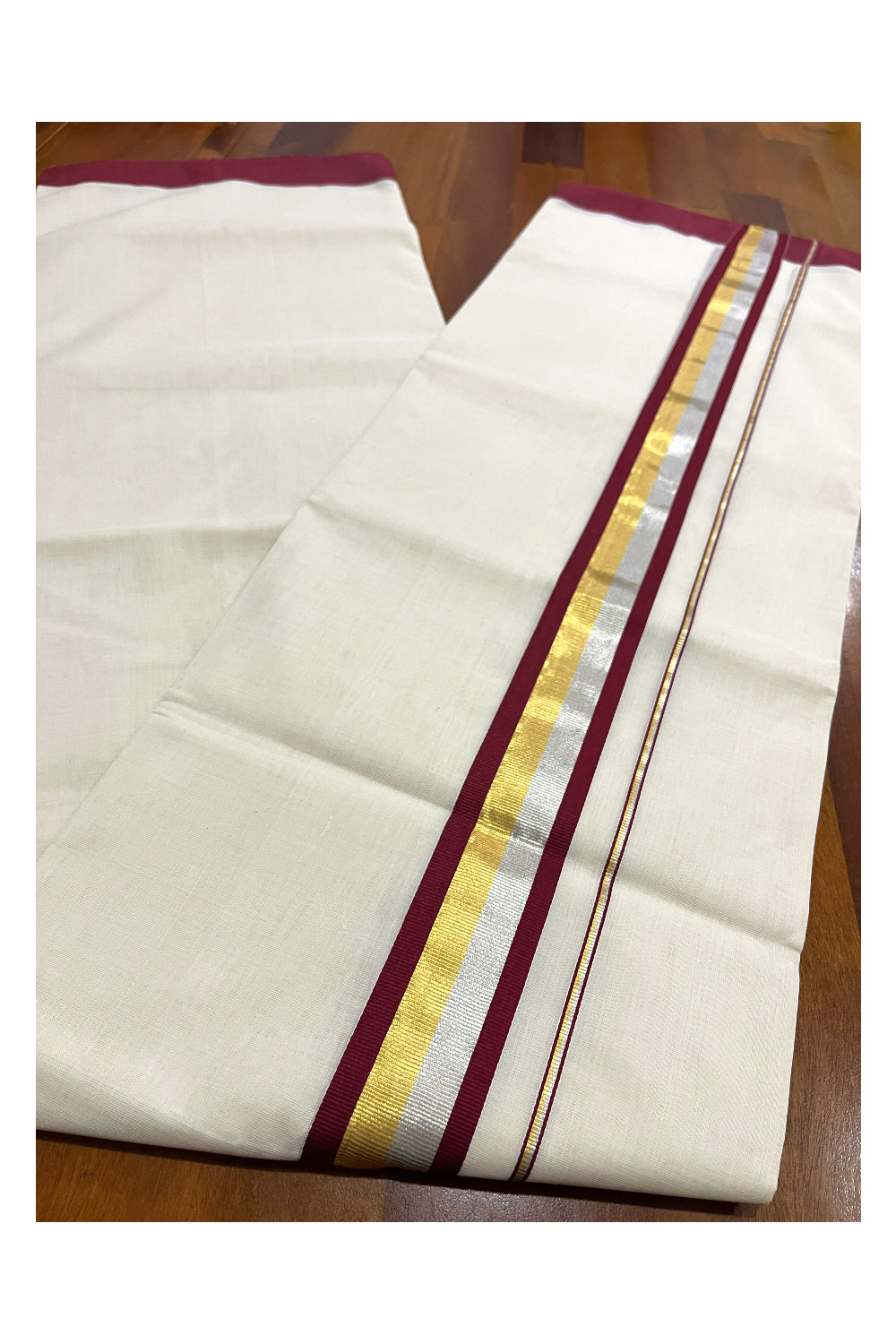 Southloom Premium Balaramapuram Unakkupaavu Handloom Mundu with Maroon Silver and Golden Kasavu Border (South Indian Dhoti)