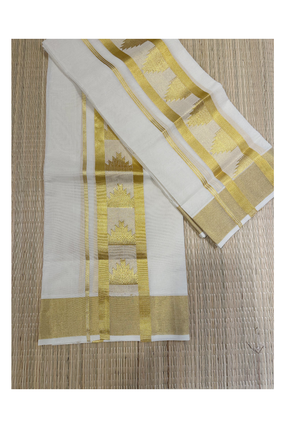 Southloom™ Handloom Premium Single Mundum Neriyathum (Set Mundu) with Temple Work inside Border