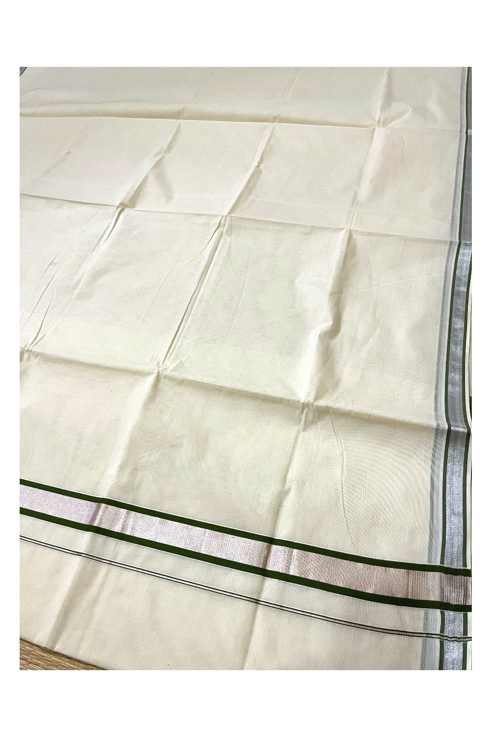 Pure Cotton Kerala Saree with Olive Green and Silver Kasavu Thin Border