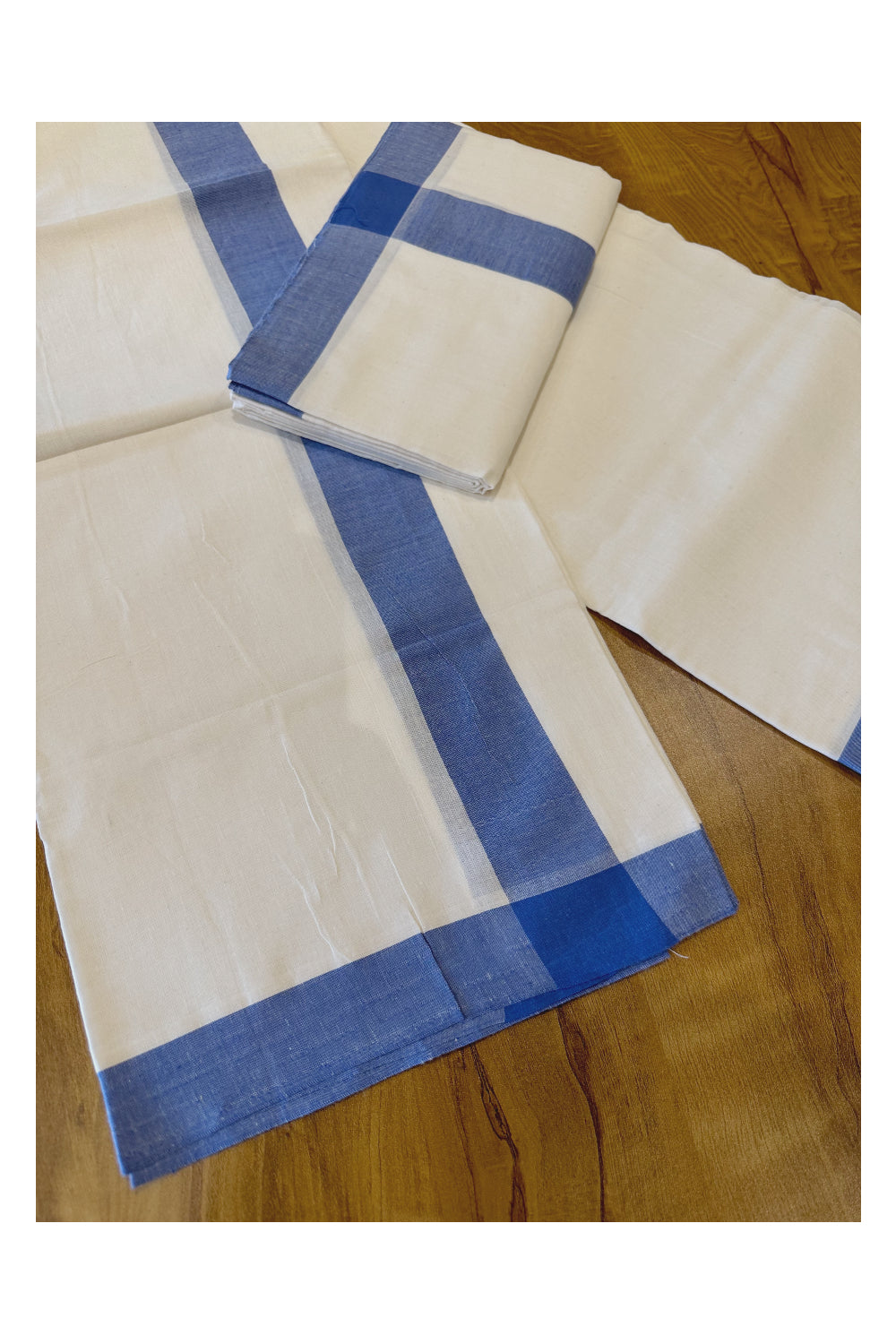 Kerala Soft Cotton Mulloth Mundum Neriyathum Single (Set Mundu) with Blue Border (Onam Set Mundu 2023)