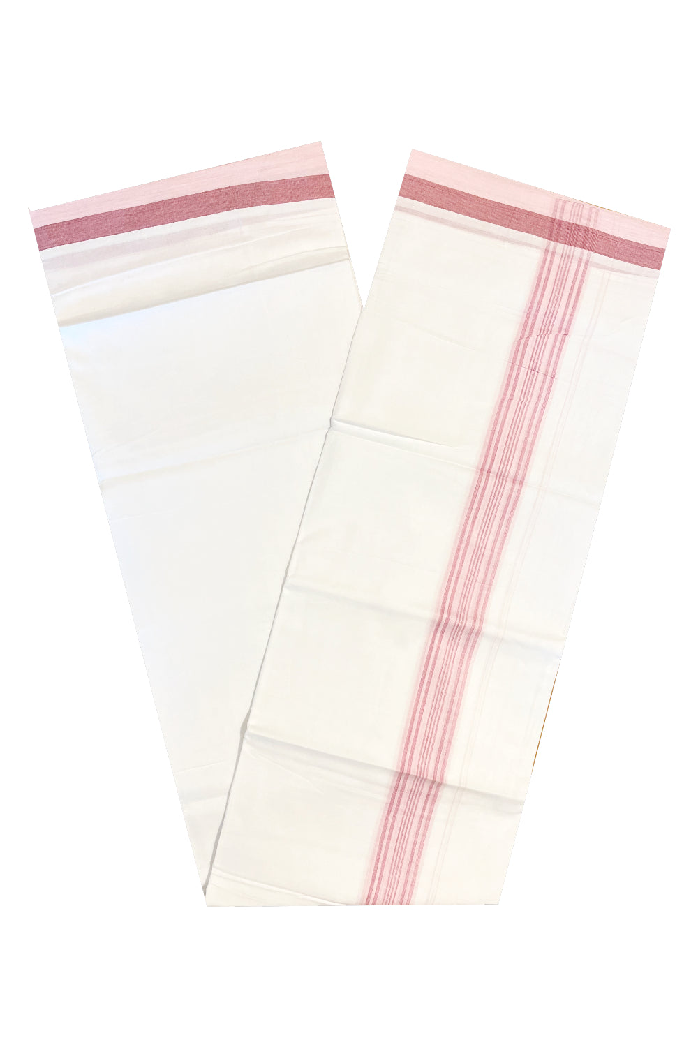 Pure White Cotton Double Mundu with Pink Lines Border (South Indian Dhoti)