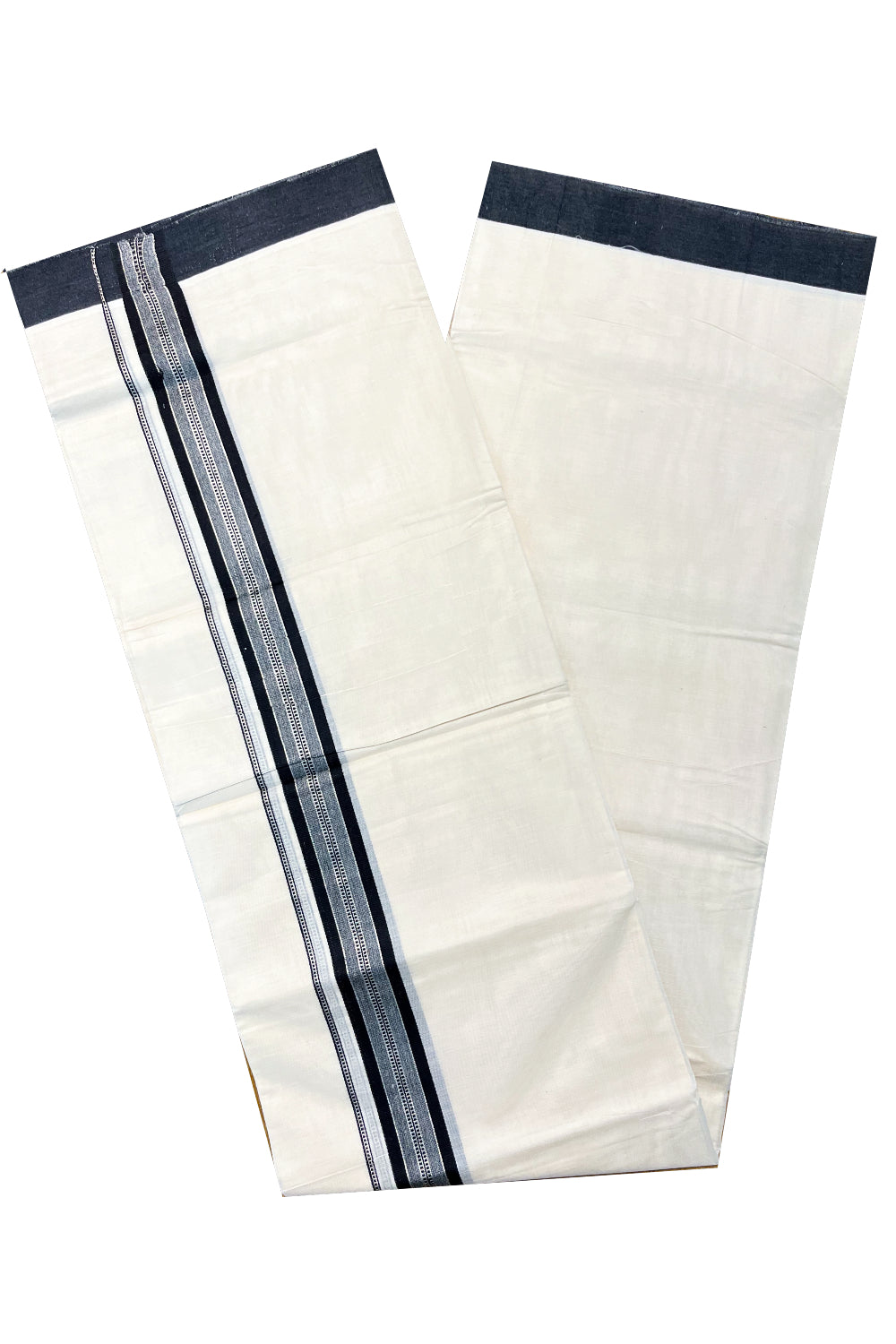 Pure Cotton Off White Double Mundu with Silver Kasavu and Black Kara (South Indian Kerala Dhoti)