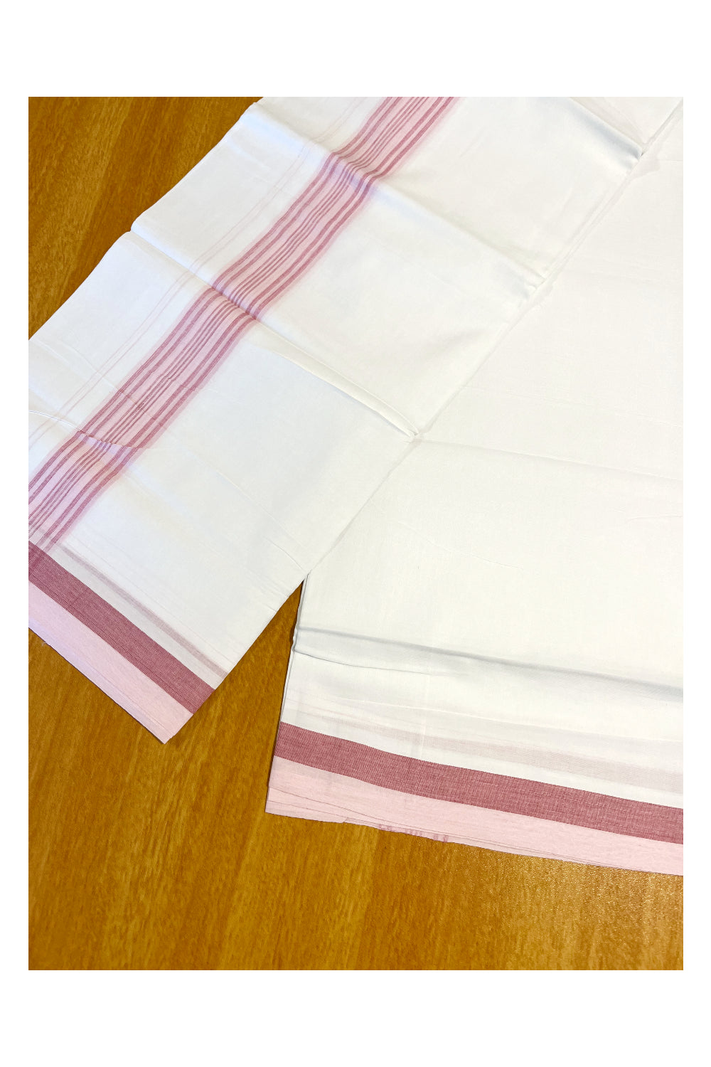 Pure White Cotton Double Mundu with Pink Lines Border (South Indian Dhoti)