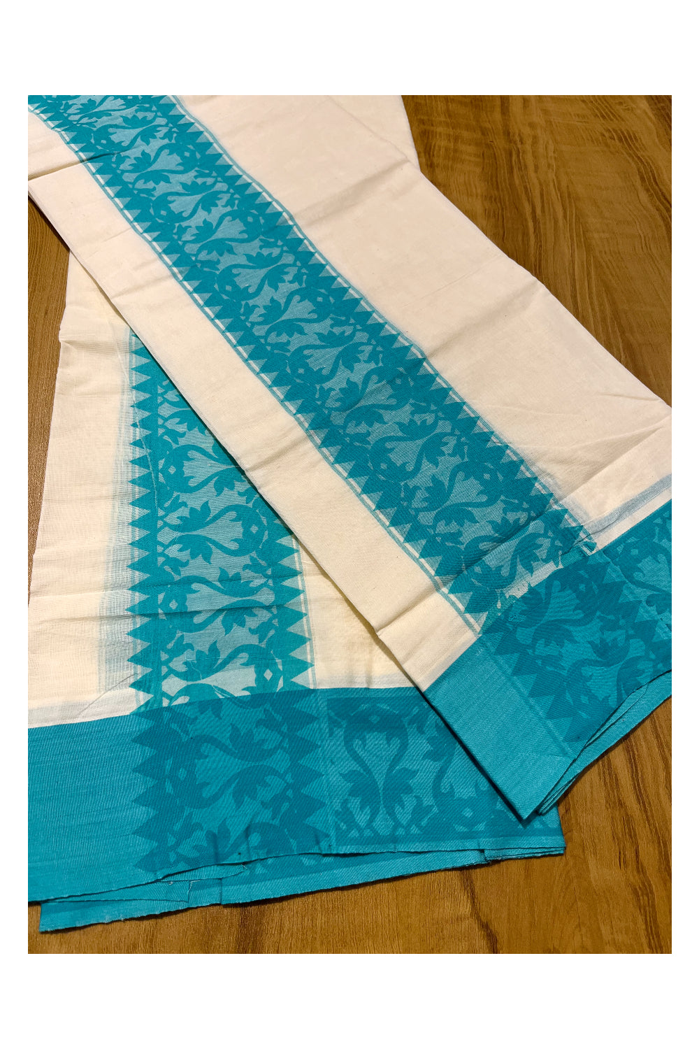 Kerala Cotton Single Set Mundu (Mundum Neriyathum) with Blue Temple Block printed Border