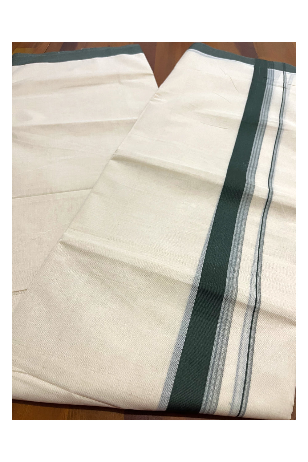 Pure Cotton 100x100 Double Mundu with Dark Green Border (Onam Mundu 2023)