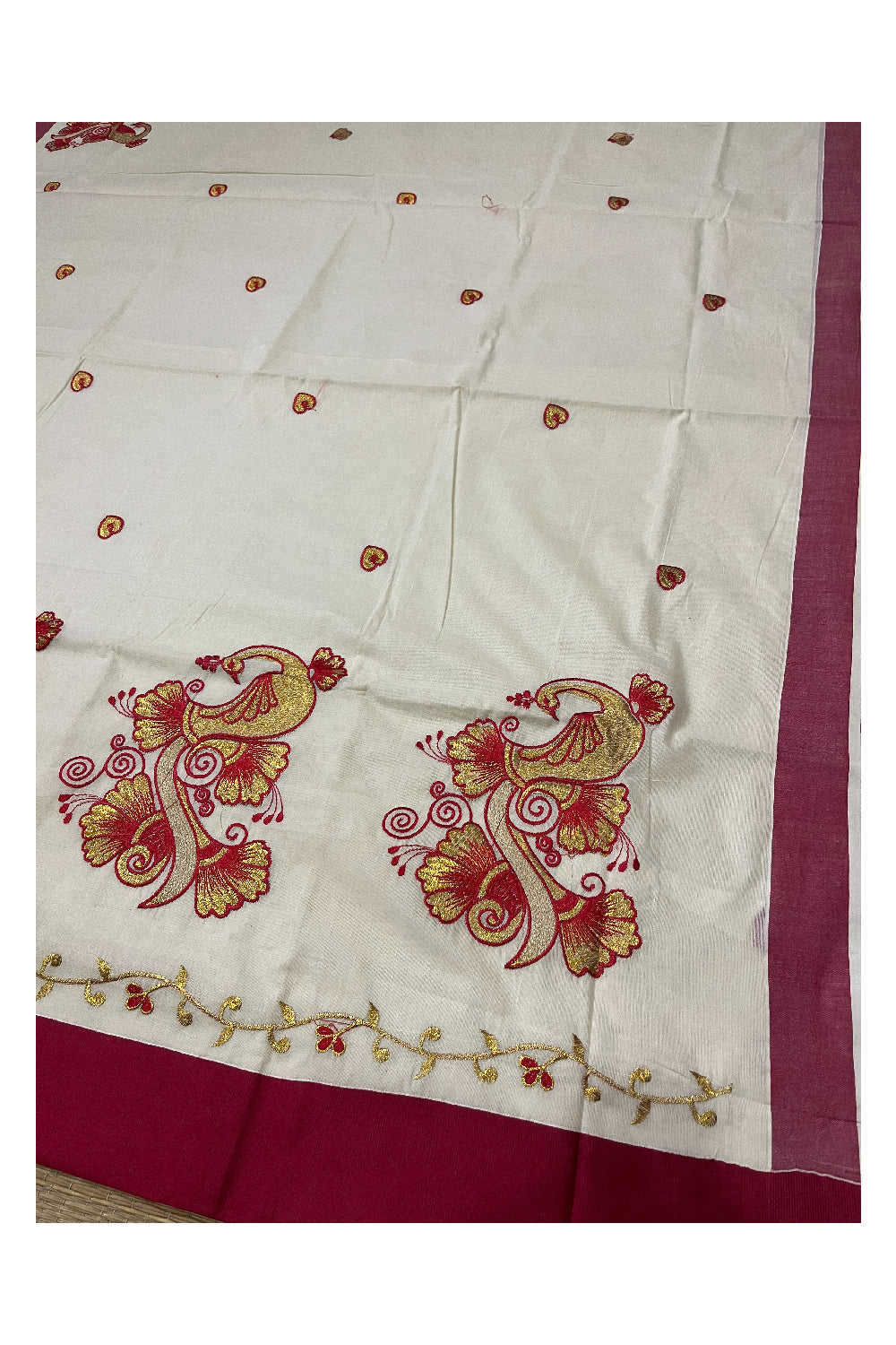 Pure Cotton Kerala Saree with Peacock Floral Embroidery Work and Red Border (Onam Saree 2023)