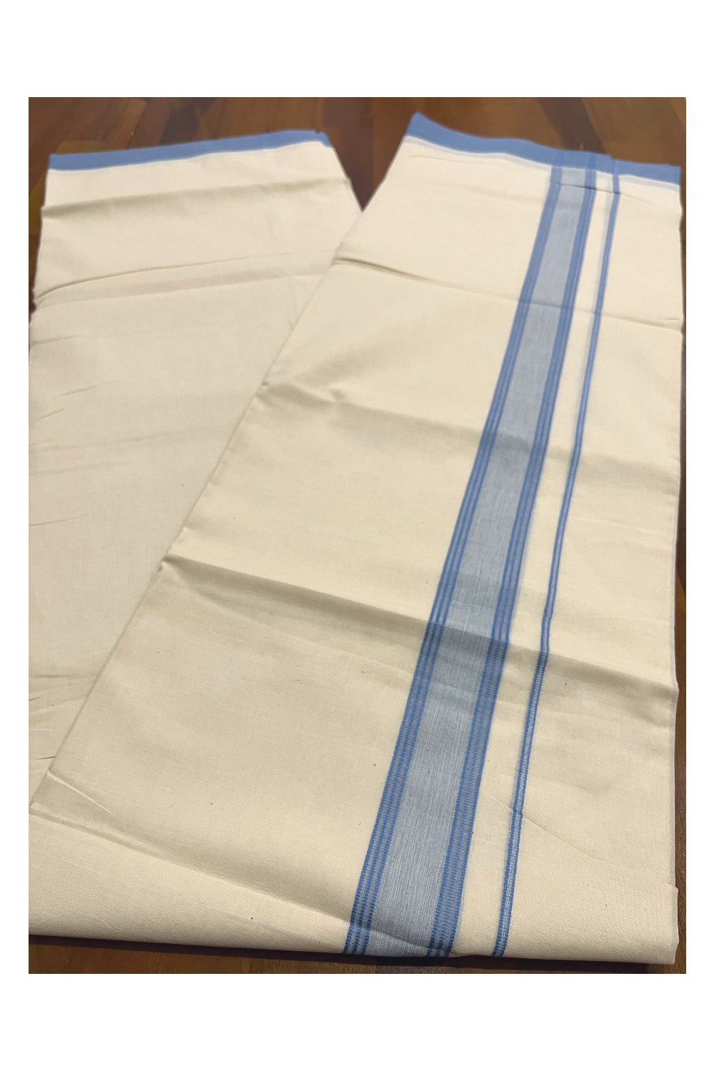 Pure Cotton Kerala Double Mundu with Blue Kara (South Indian Kerala Dhoti)