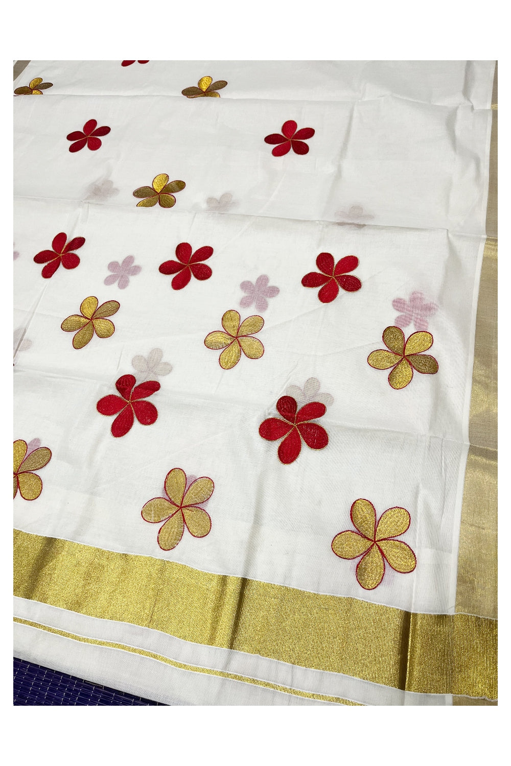 Southloom Cotton Kerala Kasavu Saree with floral red embroidery Designs