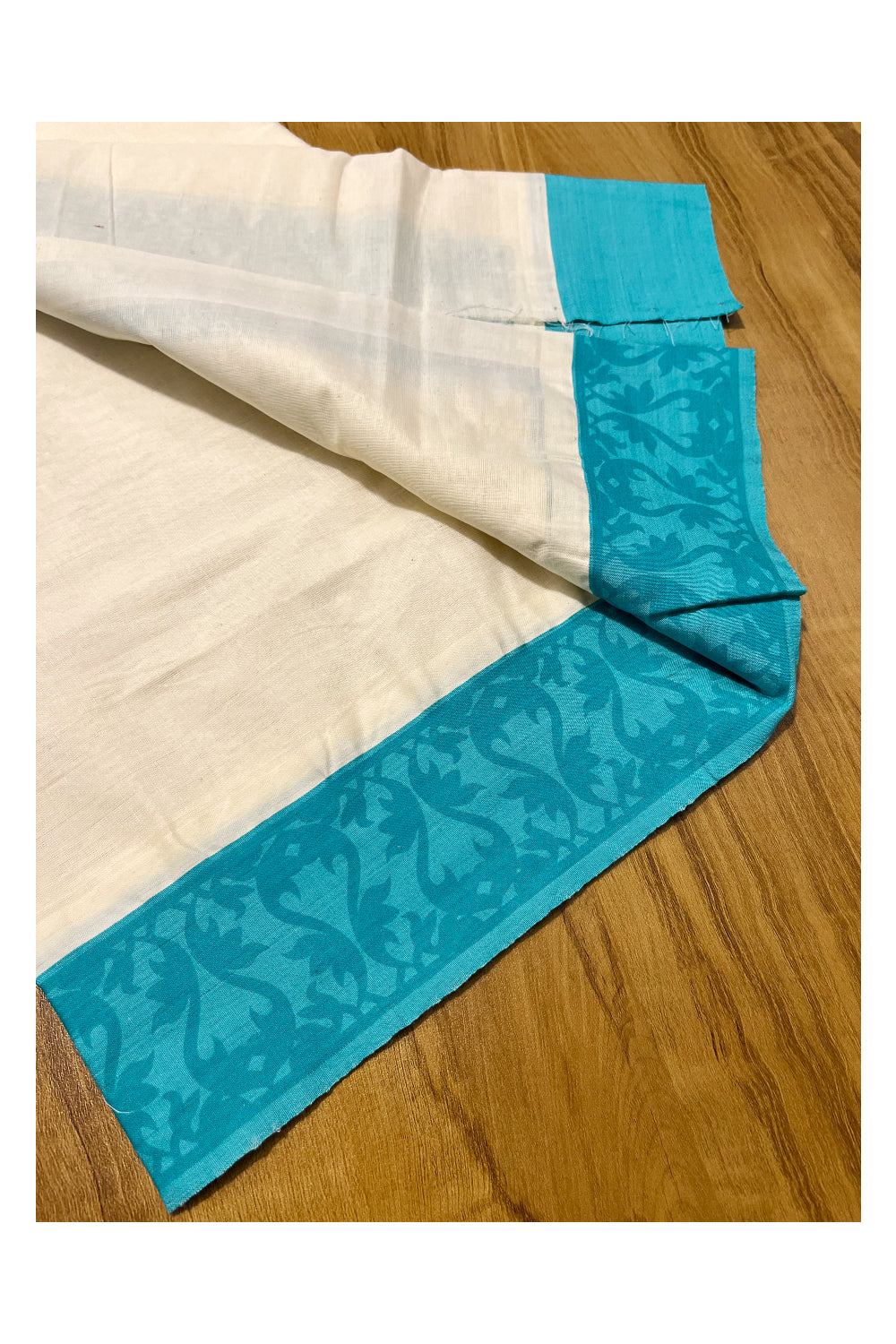 Kerala Cotton Single Set Mundu (Mundum Neriyathum) with Blue Temple Block printed Border