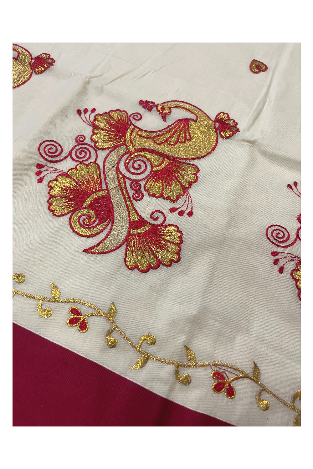 Pure Cotton Kerala Saree with Peacock Floral Embroidery Work and Red Border (Onam Saree 2023)