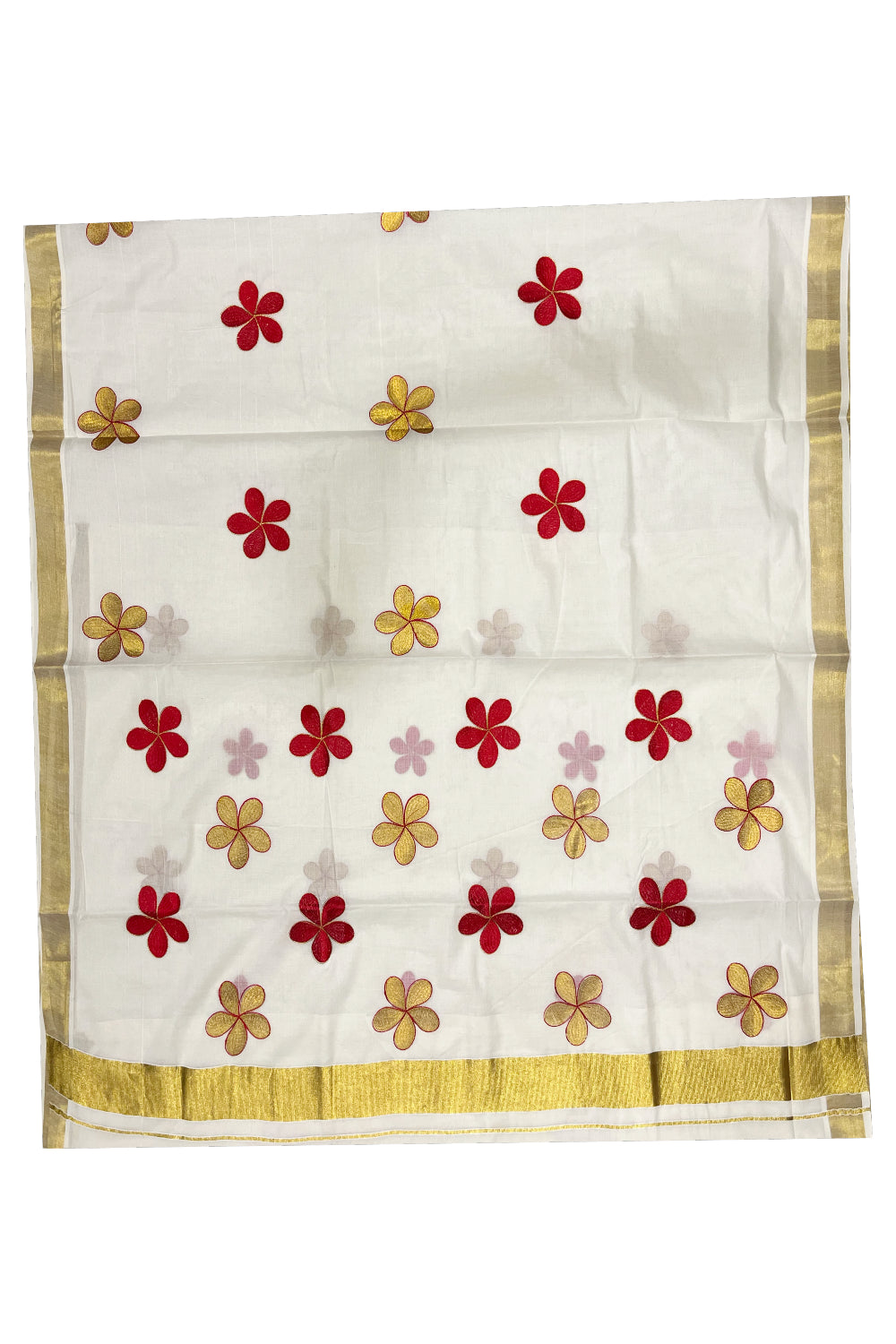 Southloom Cotton Kerala Kasavu Saree with floral red embroidery Designs