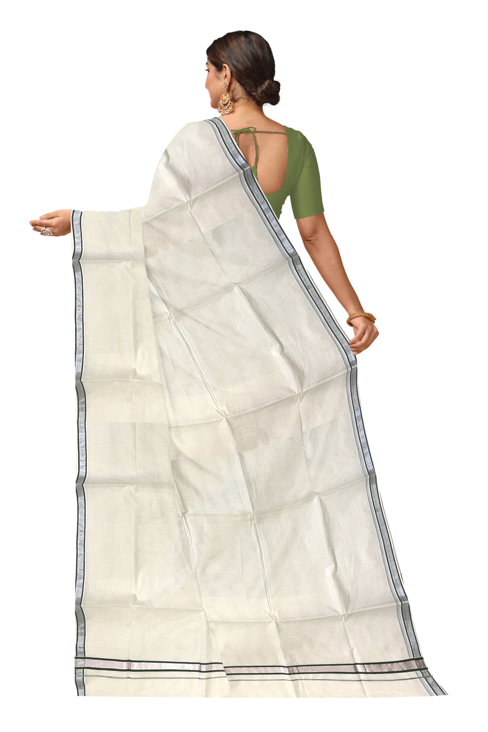 Pure Cotton Kerala Saree with Olive Green and Silver Kasavu Thin Border