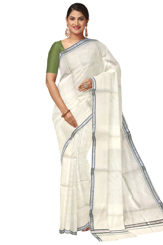 Pure Cotton Kerala Saree with Olive Green and Silver Kasavu Thin Border