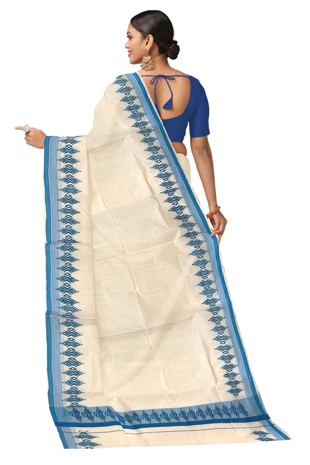 Kerala Cotton Saree with Blue Block Printed Border