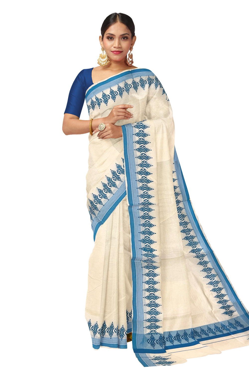 Kerala Cotton Saree with Blue Block Printed Border