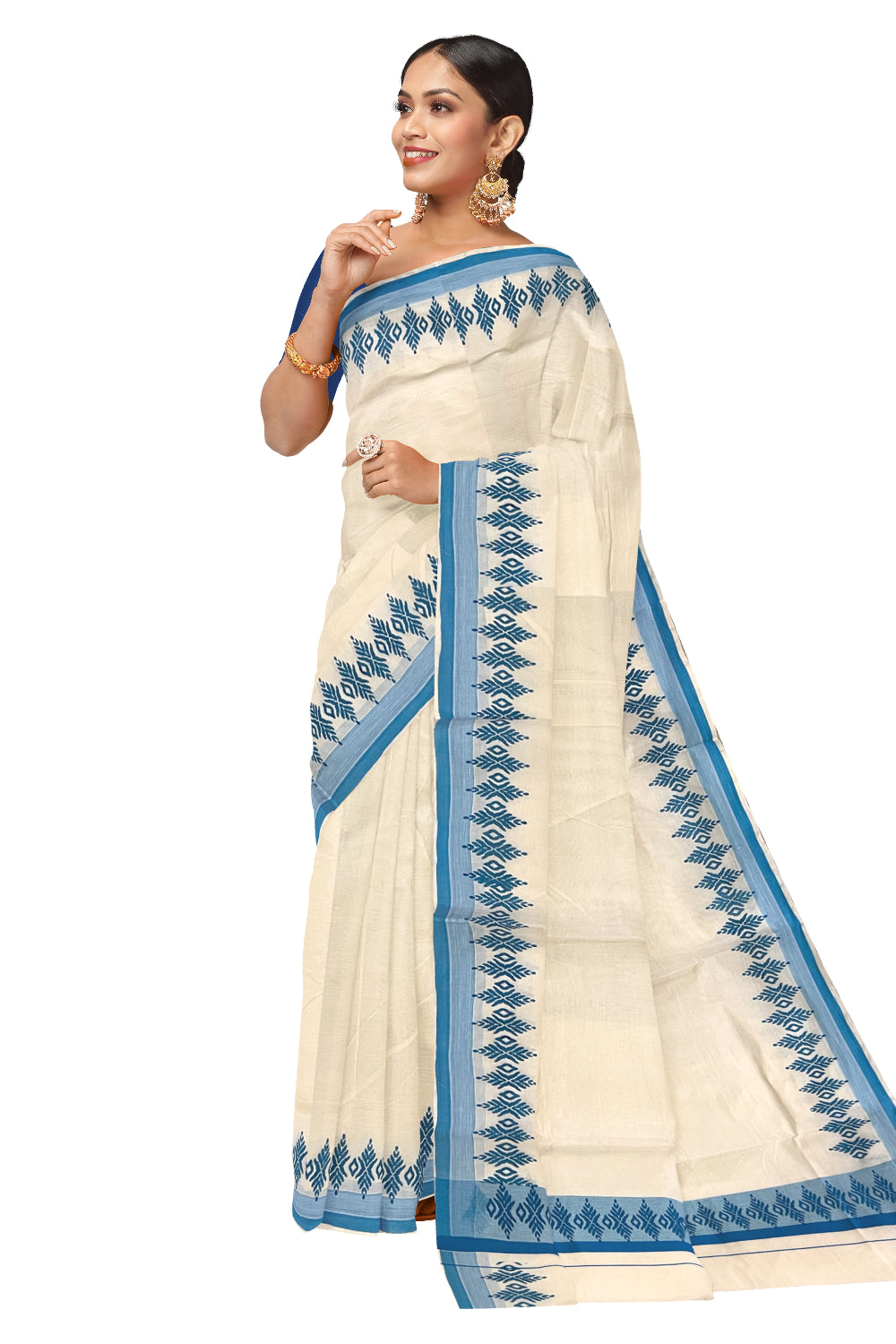 Kerala Cotton Saree with Blue Block Printed Border