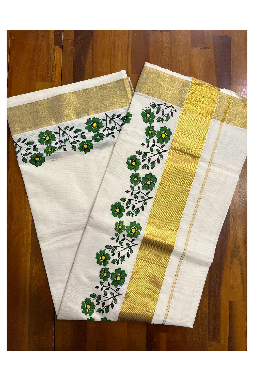 Pure Cotton Kerala Kasavu Saree with Light Green Floral Block Prints with Kasavu Border