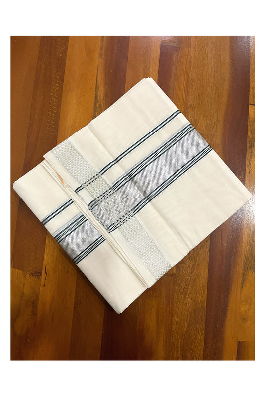 Southloom Premium Handloom Cotton Double Mundu with Green Silver Kasavu Design Border (South Indian Kerala Dhoti)