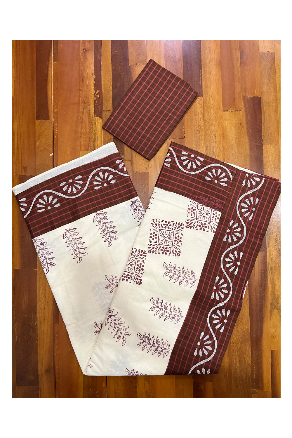 Pure Cotton Onam 2023 Kerala Saree with Hand Block Maroon Batik Prints