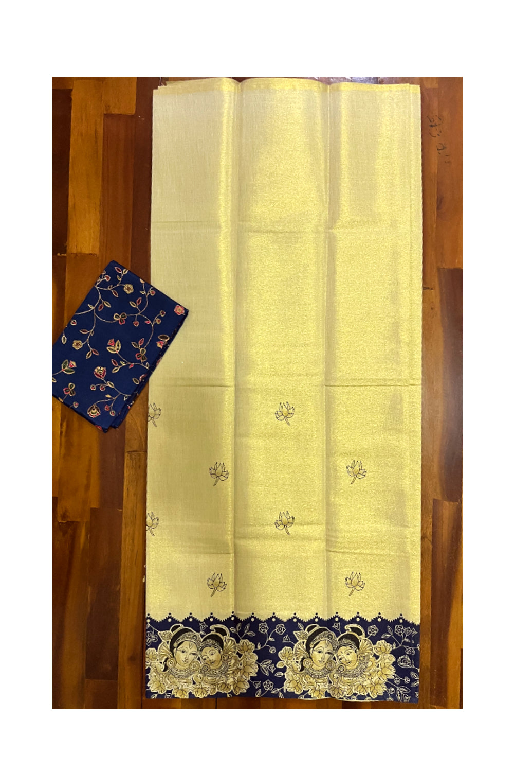 Kerala Tissue Block Printed Pavada and Blue Designer Blouse Material for Kids/Girls 4.3 Meters