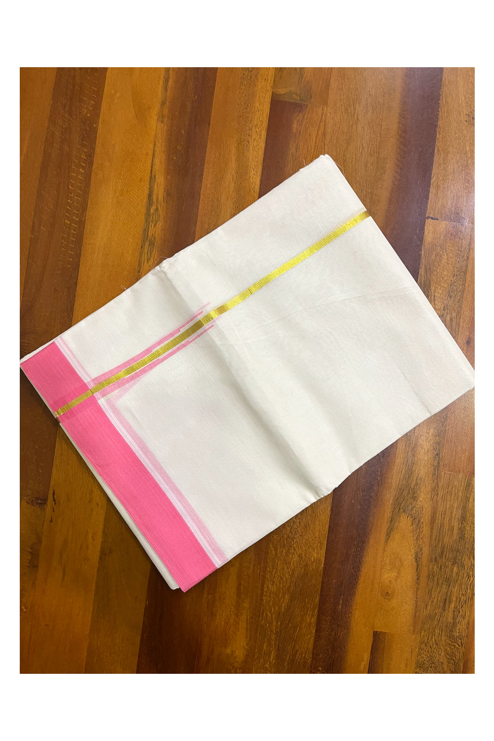 Kerala Pure Cotton Double Mundu with Kasavu Pink Chutti Kara (South Indian Kerala Dhoti)