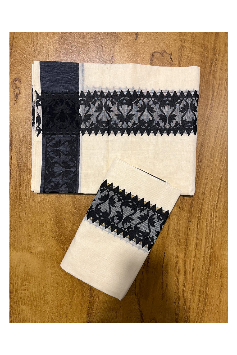 Kerala Cotton Single Set Mundu (Mundum Neriyathum) with Black Temple Block printed Border