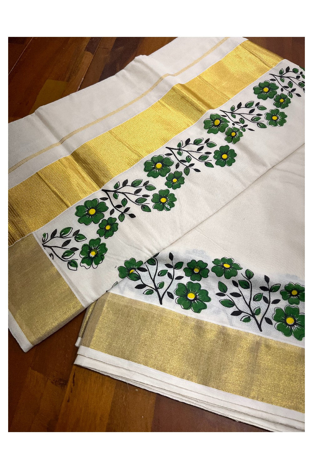 Pure Cotton Kerala Kasavu Saree with Light Green Floral Block Prints with Kasavu Border