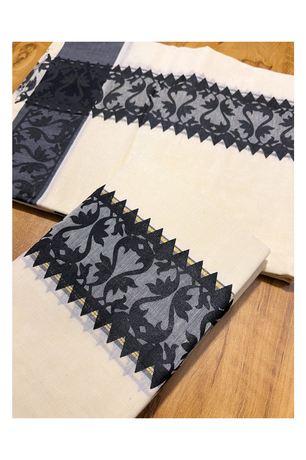 Kerala Cotton Single Set Mundu (Mundum Neriyathum) with Black Temple Block printed Border