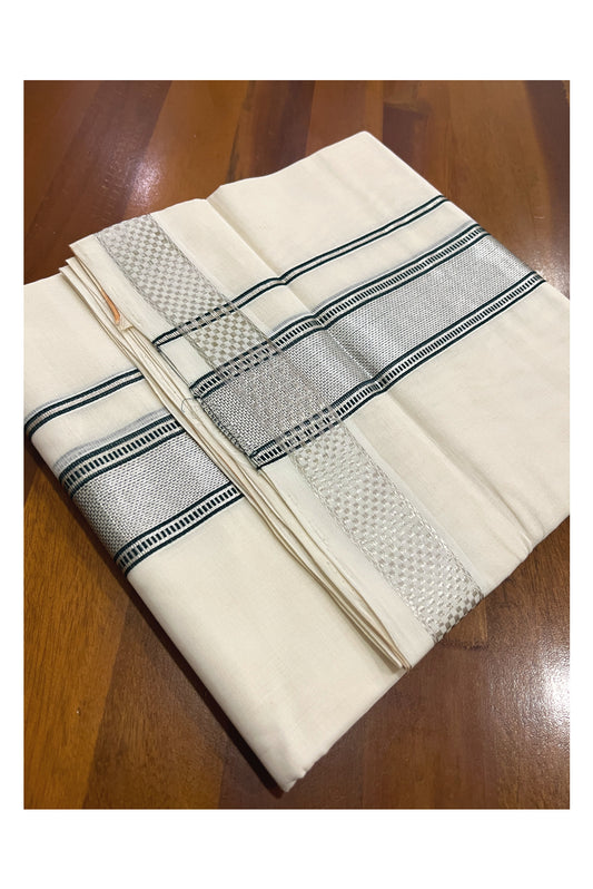 Southloom Premium Handloom Cotton Double Mundu with Green Silver Kasavu Design Border (South Indian Kerala Dhoti)