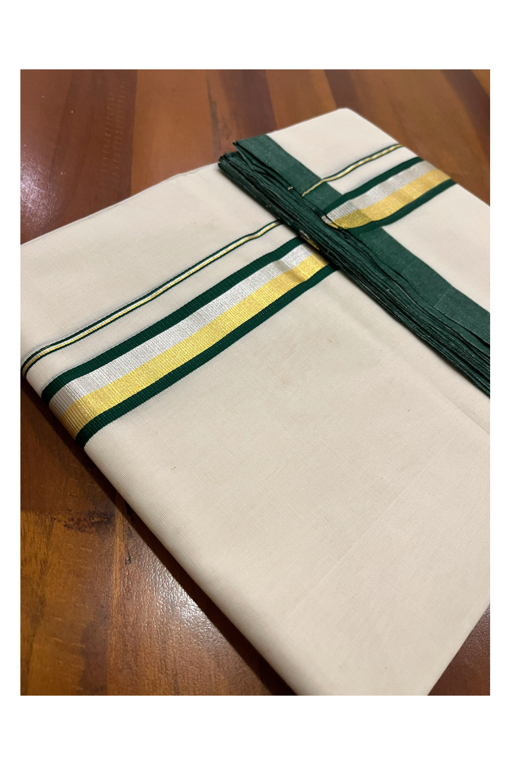 Southloom Premium Balaramapuram Unakkupaavu Handloom Mundu with Green Silver and Golden Kasavu Border (South Indian Kerala Dhoti)