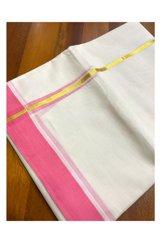 Kerala Pure Cotton Double Mundu with Kasavu Pink Chutti Kara (South Indian Kerala Dhoti)