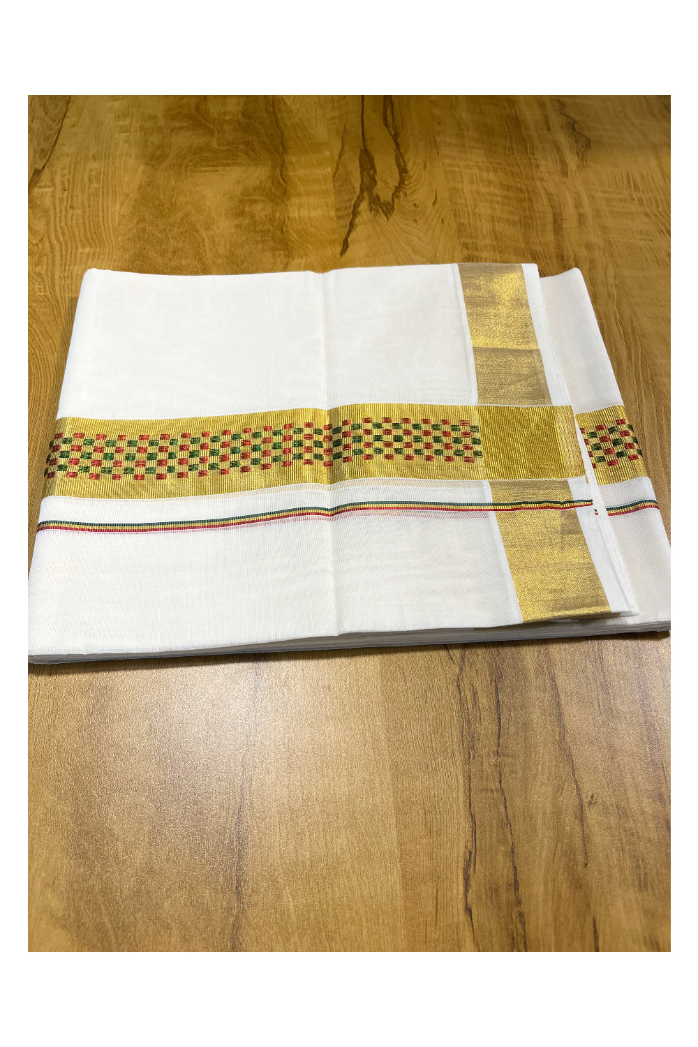 Premium Handloom Cotton Double Mundu with Green and Maroon Kasavu Paa Neythu Border