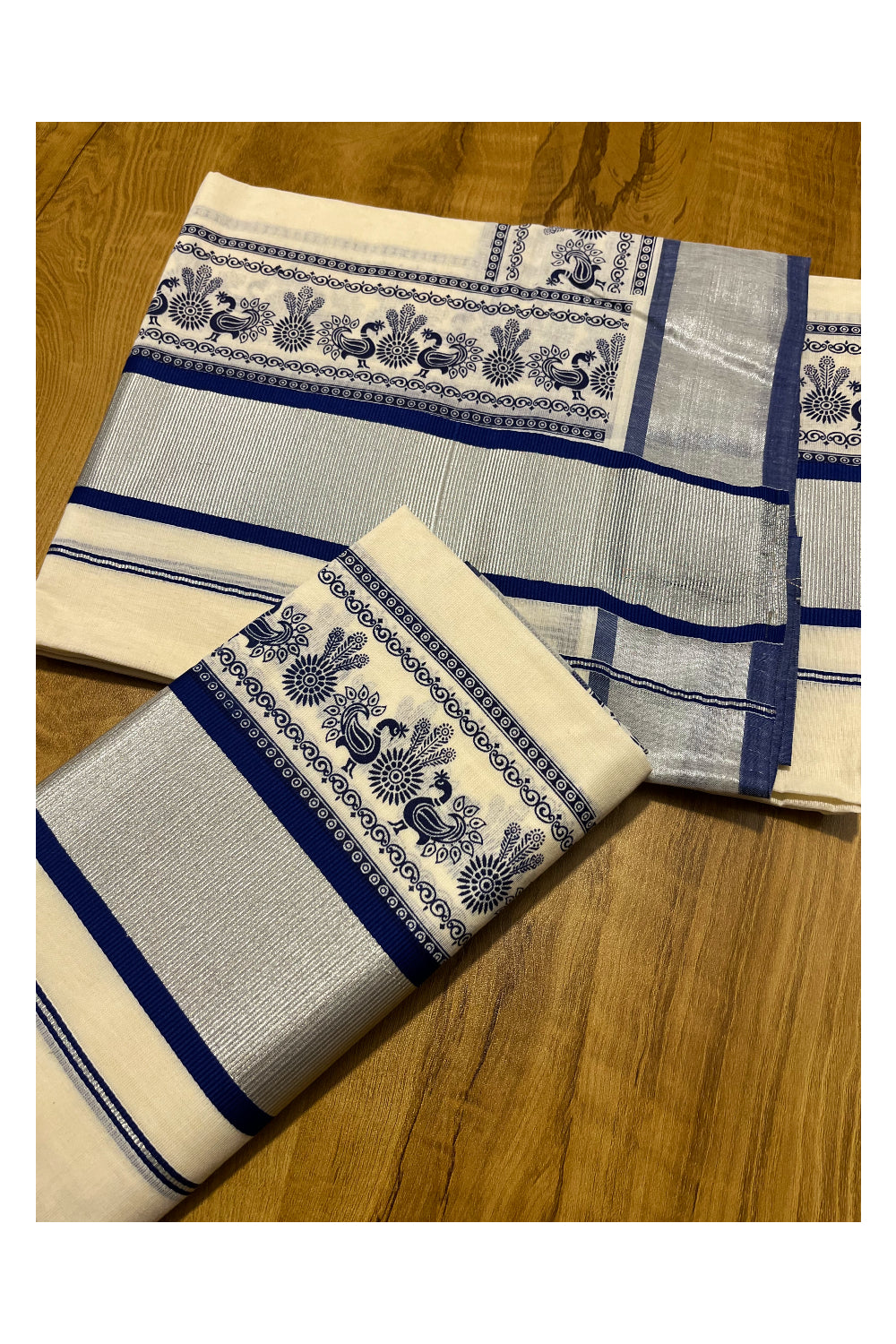 Pure Cotton Kerala Single Set Mundu (Mundum Neriyathum) with Blue Block Printed Silver Kasavu Border